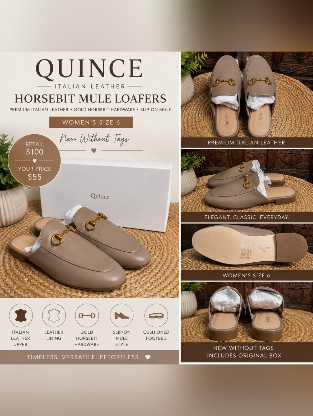 Quince Italian Leather Horsebit Mule Loafers – Soft Brown – W 6 – NWOT